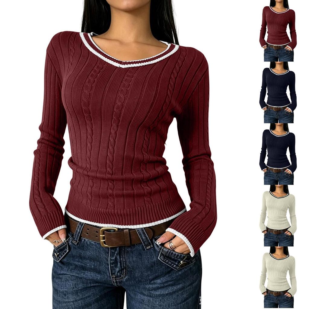 Women's V-Neck Cable Knit Sweater with Color Block Design Long Sleeve Slim Fit Knit Top for Casual Everyday Wear