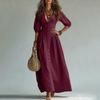 Women Deep V Neck Maxi Dress with Five Quarter Sleeves Button Down Front Elegant Casual Long Dress Flowy Fit for Daily Wear