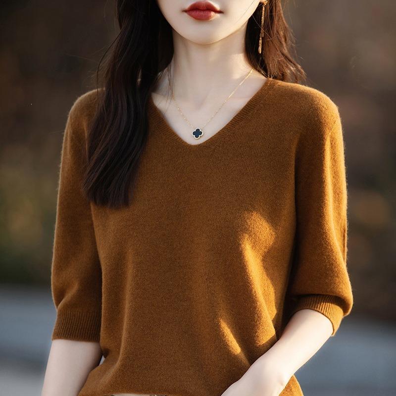 V Neck 1 2 Sleeve Loose Knit Sweater Solid Color Pullover For Women