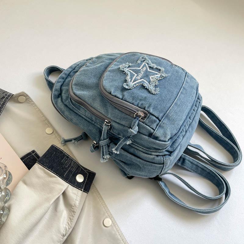 Bolso de Pecho de Mezclilla Gran Capacidad Bolso Cruzado para Mujer Viajero Múltiples Compartimentos Mochila de Estrella de Cinco Puntas