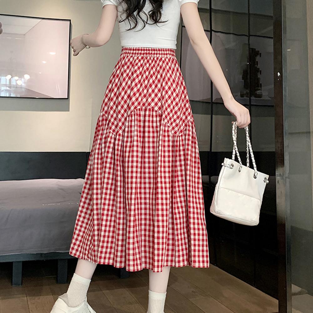 Women Midi Skirt Plaid Print Stitching Design A-Line Skirt Elastic High Waist Retro Style Swing Skirt Daily Wear