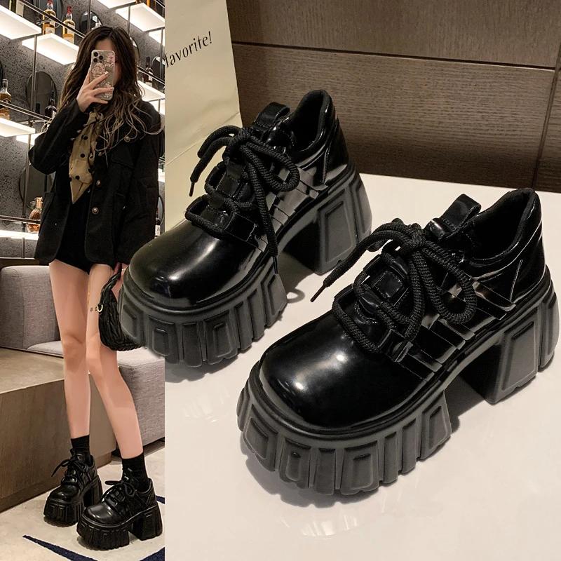 Fashion 8CM Women Mary Jane New Lace Up Loafers Platform Wedge Sneakers Chunky Shoes Women Black Shoes Spring Autumn Walking Sneakers