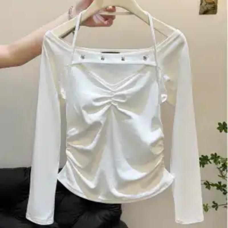 Women s Y2K White Halter Neck Long Sleeve Fitted Crop Top M белый
