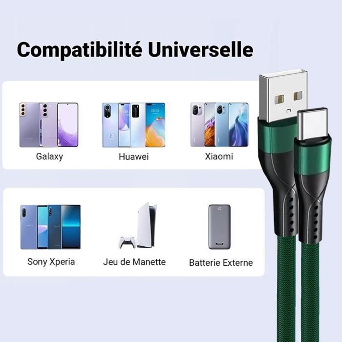 Lot-3 Câble USB-C 1M Charge Rapide 3A pour Samsung Galaxy A05s A15 A16 A25 A26 A35 A36 A55 A56 - Nylon Tressé Vert