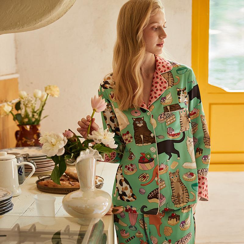 

Пижама из ледяного шелка женская с длинным рукавом весна осень тонкая летняя большого размера свободная двухсекционная шелковая домашняя одежда L