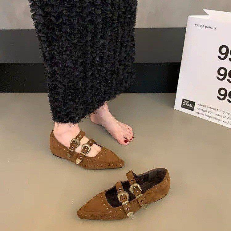 Single Shoes Women's Retro Mary Jane Women's Shoes Will Increase In Height Within 2025, Niche New Models, Rivets, Pointed Heads, Versatile Suede Comm