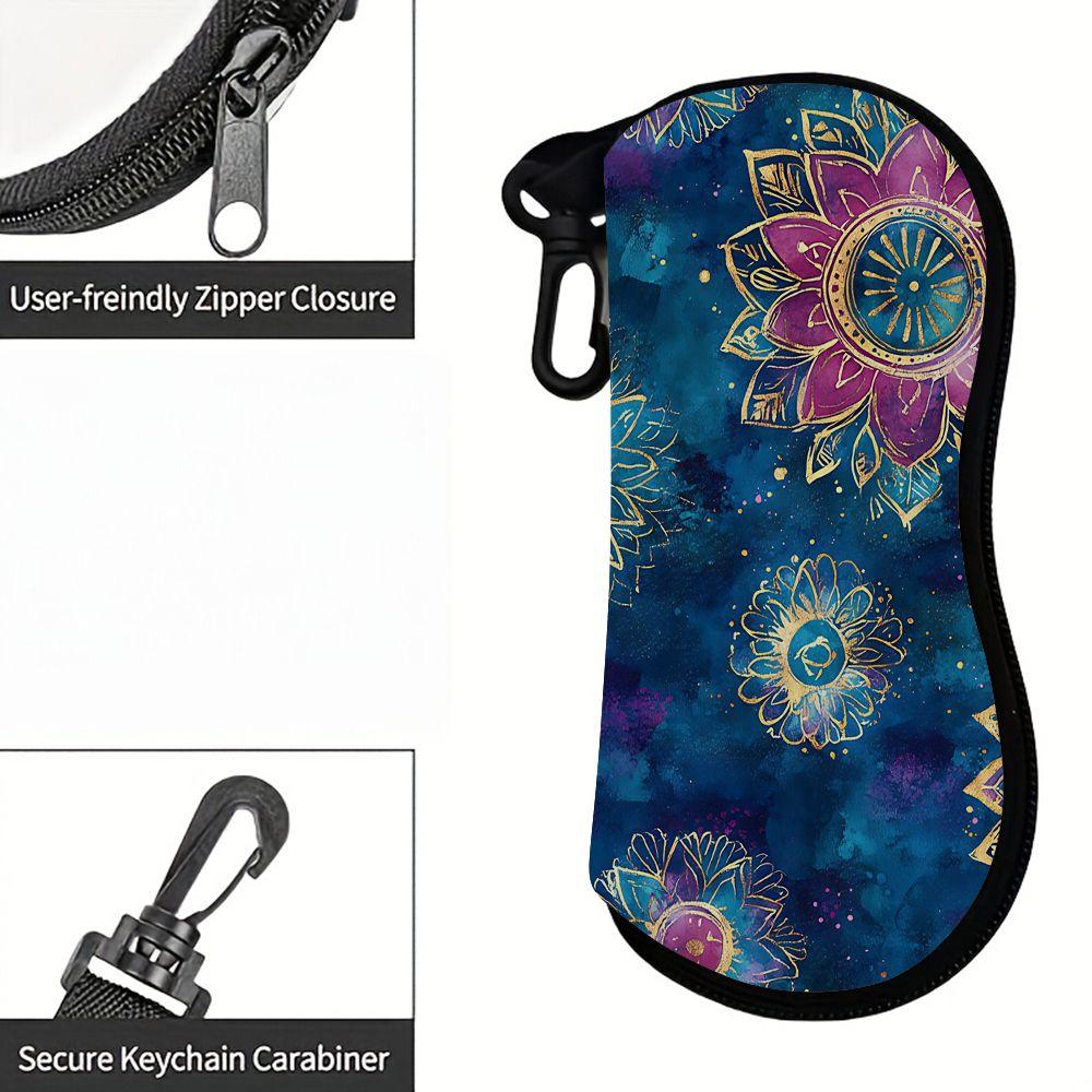 2D-Boho Mandala Floral Print Protective Sunglasses Case, Soft Velvet Eyeglasses Storage Pouch, Portable Zipper Eyewear Container for Travel Women Gift