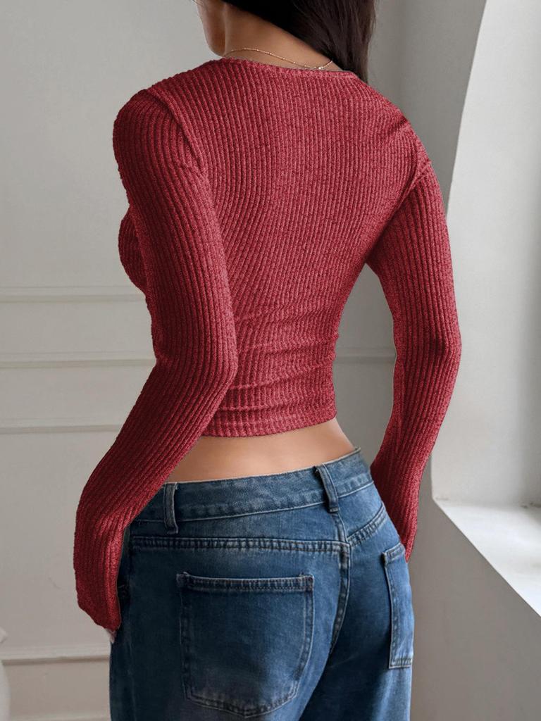 European & American Y2K Style Square Neck Long Sleeve Slim Fit Ribbed T-shirt