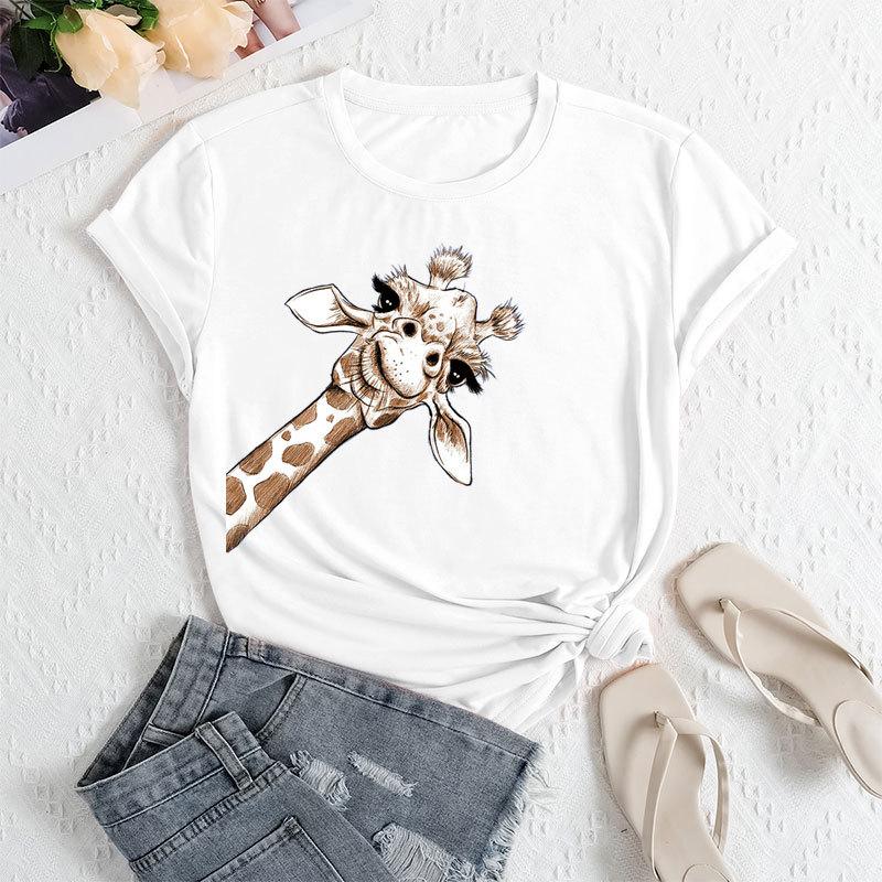 Summer Women's Plus Size Giraffe Print Loose Round Neck Casual Pure Cotton Short Sleeved T-shirts Women's
