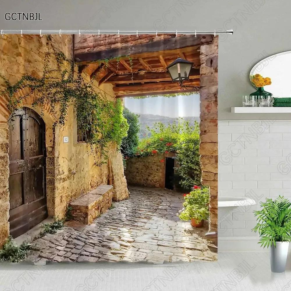 Street Building Scenery Shower Curtain Flower Plant Retro Old Door Summer Rural Landscape Bathroom Curtain Background Wall Dec