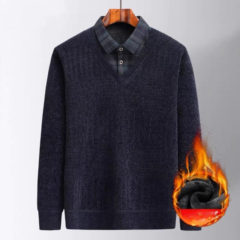 Plus Velvet Warm Sweater Fake Two-piece T-shirt Man's Chic Dad Winter Casual Thickened Bottoming Shirt