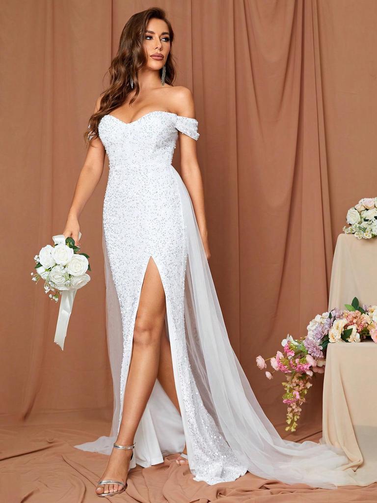 Abito da Sposa Bodycon a Sirena con Paillettes Monospalla con Spacco e Patchwork in Rete
