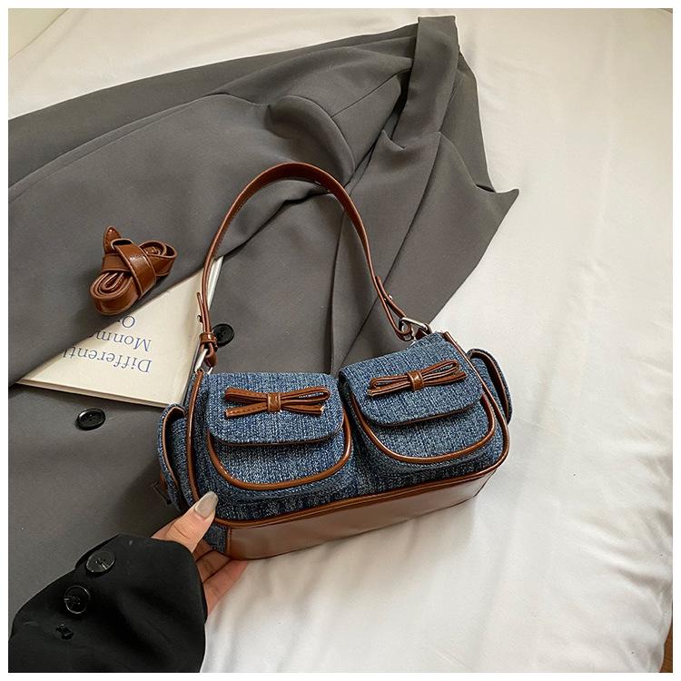 Fashion trend underarm bag women's 2025 new retro denim double pocket Boston bag shoulder messenger bag tide