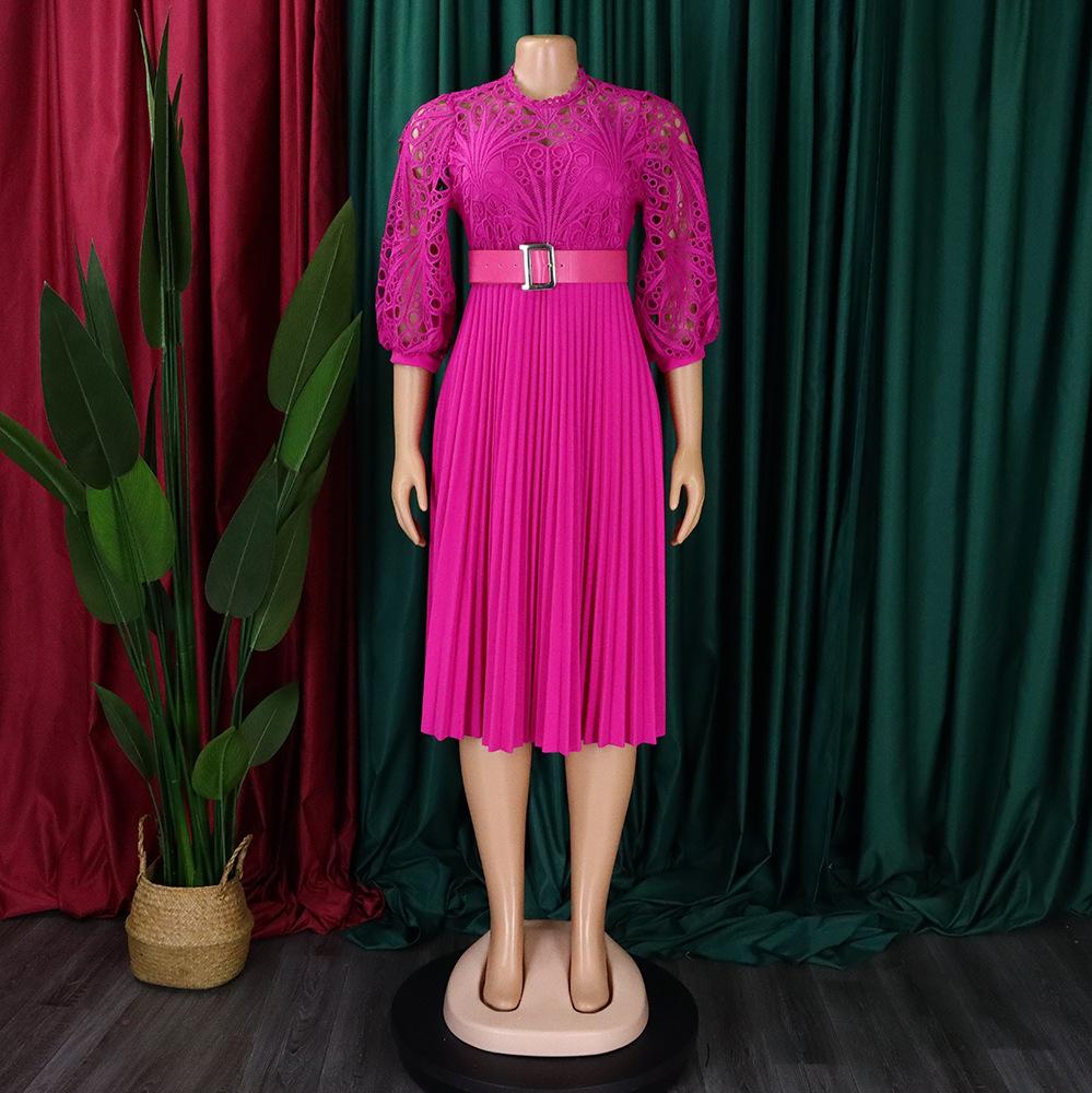 Summer Large Size Lace Hook Flower Sexy Hollow Out Pleated European and American Dress Dress