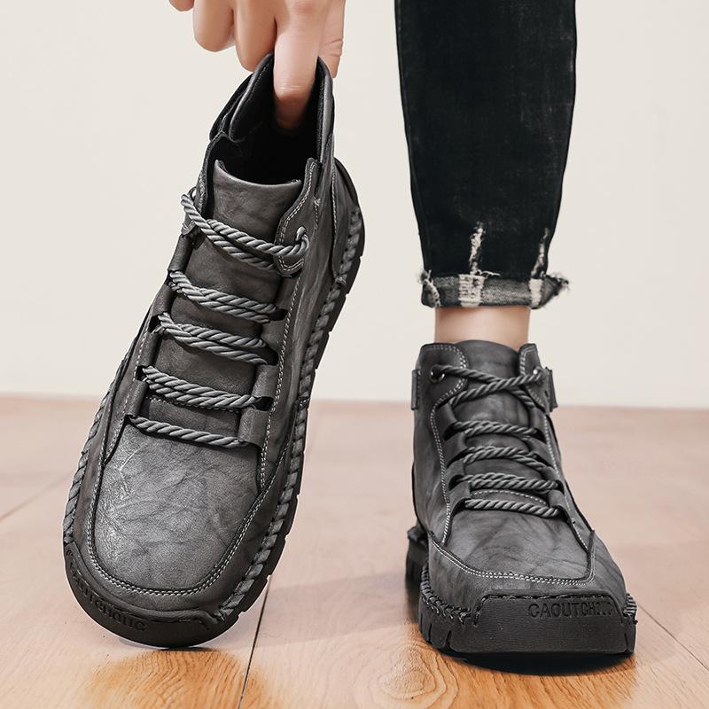 Spring /Autumn Boots Men's High-top Casual Sneakers Handmade Leather Shoes Plus Size 39-48
