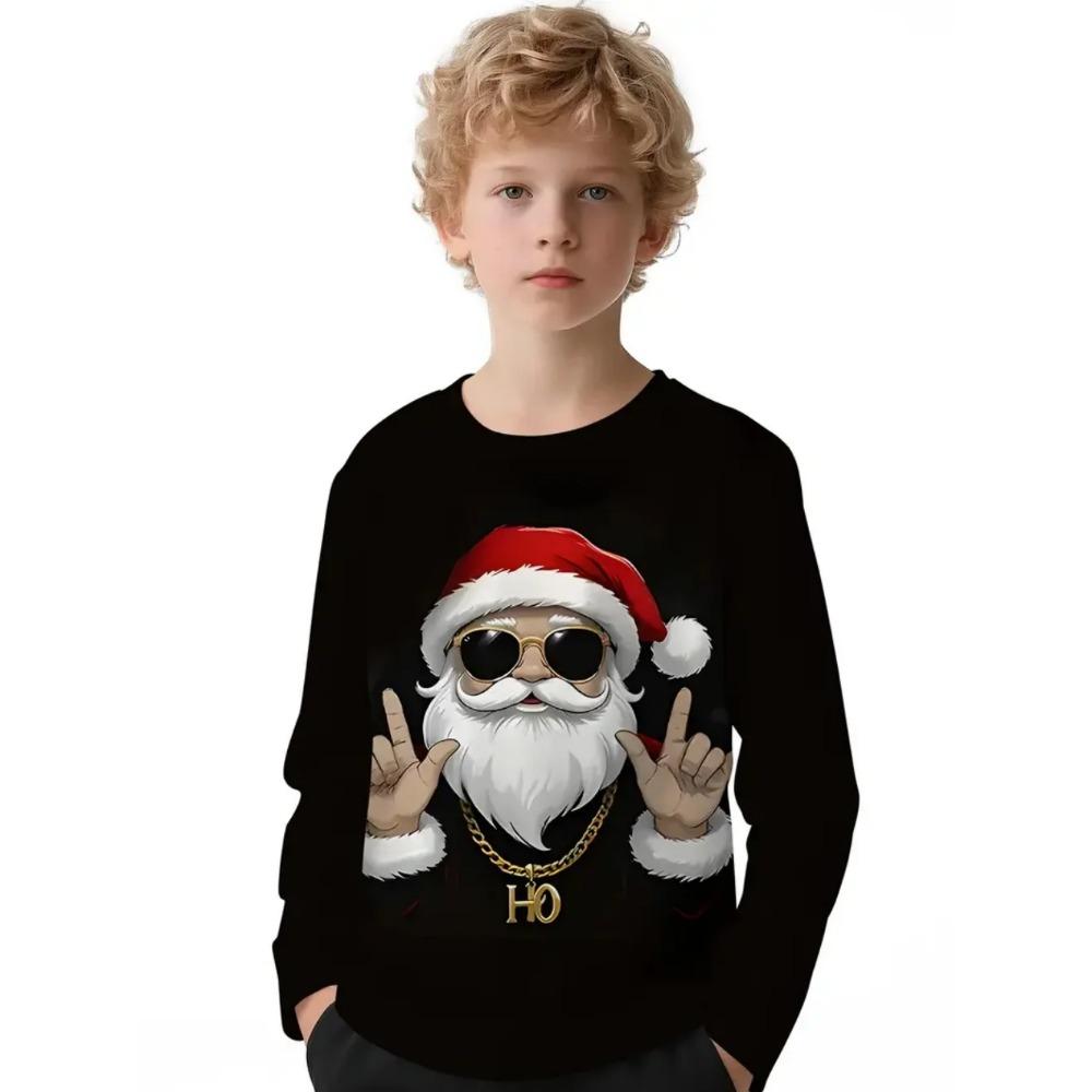 Frühlings- und Herbst-Rundhals-3D-Weihnachtsdruck-T-Shirts Modische lässige langärmlige Kinder-Jungen-T-Shirts