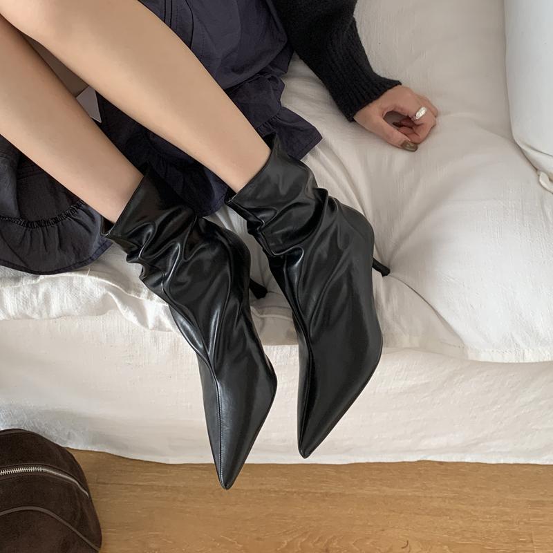 Fashion SUOJIALUN 2025 Winter New Brand Women Short Boots Fashion Pleated Pointed Toe Slip On Thin High Heel Ladies Elegant Chelsea Pump