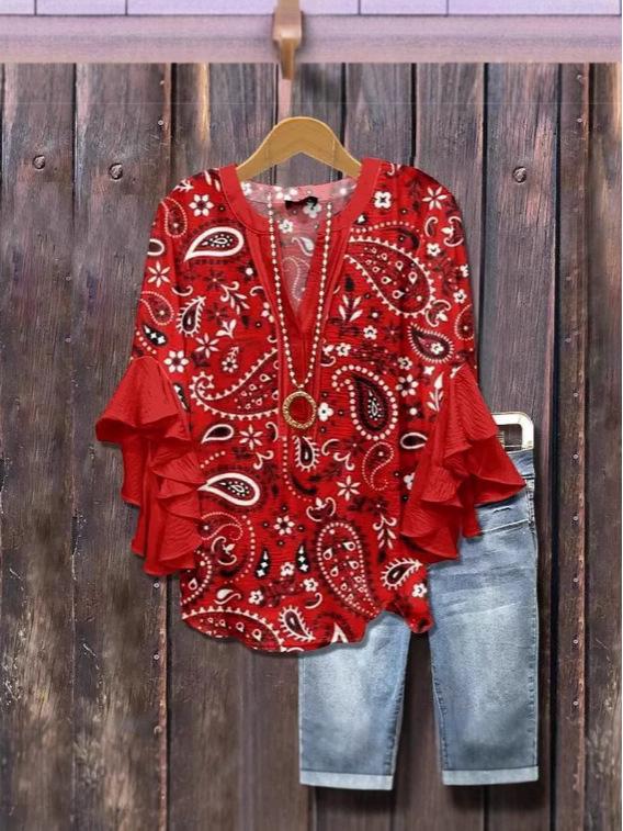 D New Women's Trendy V-neck Floral Print Casual T-shirt with Lotus Leaf Edge