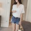 Casual Women Solid Color V Neck Short Sleeve Lace Loose Chiffon T-shirt Blouse