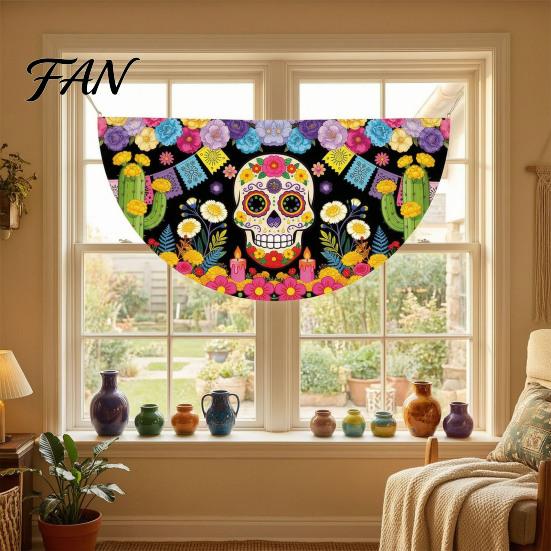 Reusable Party Entrance Sign Day of The Dead Skull Bunting Banner, Marigold Print Fiesta Unique Fan Shaped Banner Hanging Flag, Colorful Sugar Outdoor