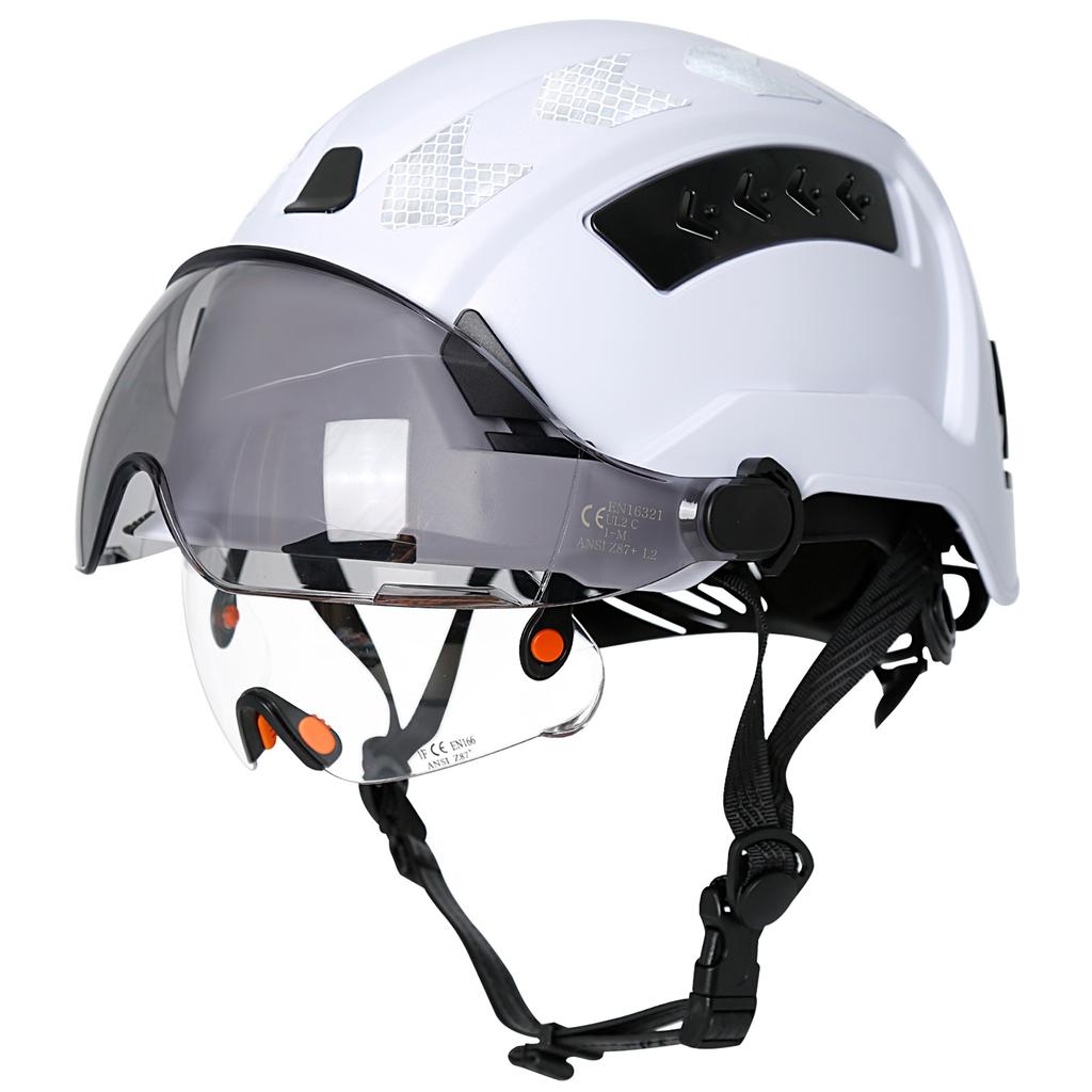 Casco di Sicurezza CE per l'Edilizia con Doppi Occhiali Integrati Visiera Adesivi Riflettenti Elmetto ANSI Cappello da Lavoro Industriale per Ingegnere