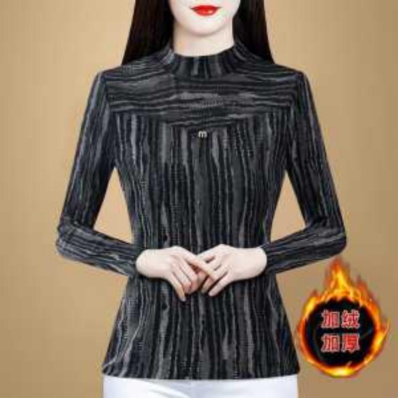 Thickened Velvet Lace Bottoming Shirt Women's Long-sleeved T-shirt Autumn Winter New Outer Wear Warm Mesh Top