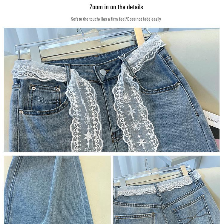 Jeans Recortados de Pierna Ancha de Cintura Alta con Encaje y Cinta Azul Claro para Mujer (Primavera 2025)