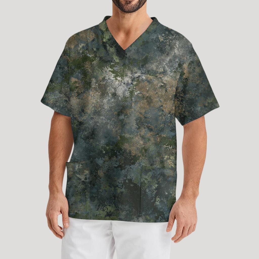 Herrtryck Kortärmad V-ringad Arbetsblus Bröstficka Vårdgivartopp