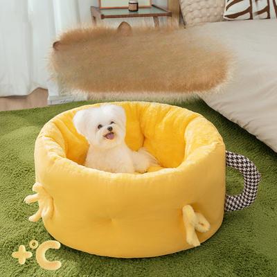 Cute Bow Deep Sleep Tea Cup Round Nest Small Dog Autumn and Winter Warm Kennel Pet Dog Supplies