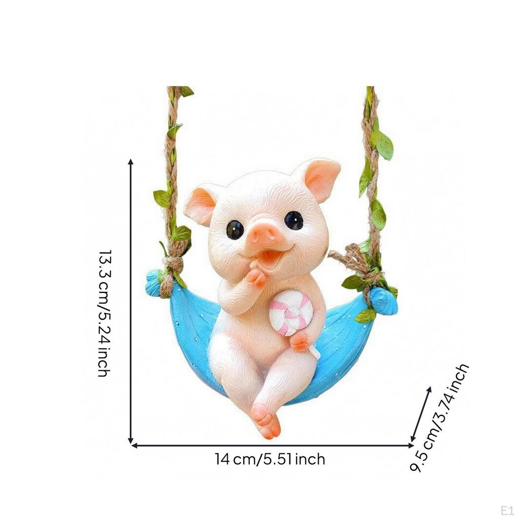 Pig Hammock Ornament Rope Hanger Resin Swing Statue Cute for Garden, Porch, Tree