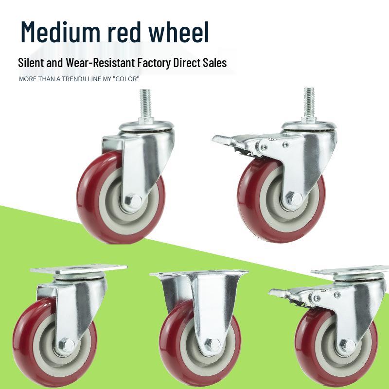 Medium Red Double Bearing Universal Caster Wheel with Brake, Round Edge, Silent PU, Sizes: 2.5", 3", 4", 5"