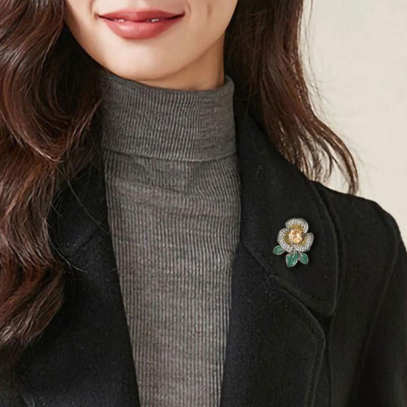 High-End Elegant Sparkling Camellia Brooch For Women Men Luxurious Suit Corsage Pin Office Party Jewelry Accessories