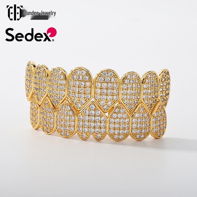 Hot Selling Halloween Hip Hop Grillz: Real Gold Plated Copper, Punk Zircon Paved, Big Gold Tooth Jewelry.
