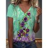 Womens V-Neck Loose Fit Short Sleeve T-Shirt With Colorful Geometric Starry Print Casual Top