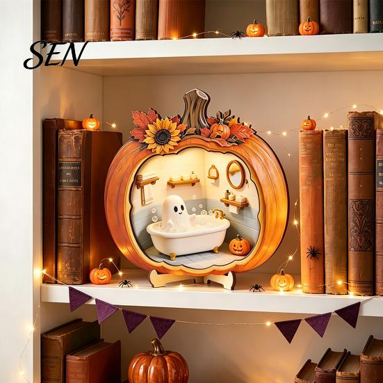 Solid Wood Autumn Home Accents Halloween Ghost Pumpkin Tabletop Sign, Wooden House with Mini Tiered Tray Ornaments Scene, Fall Harvest Desktop