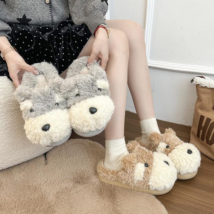 Niedliche gekritzelte Welpen flauschige Hausschuhe Damenbekleidung 2025 Herbst und Winter neu ins Wind vielseitig rutschfest Taschenkopf Hausschuhe