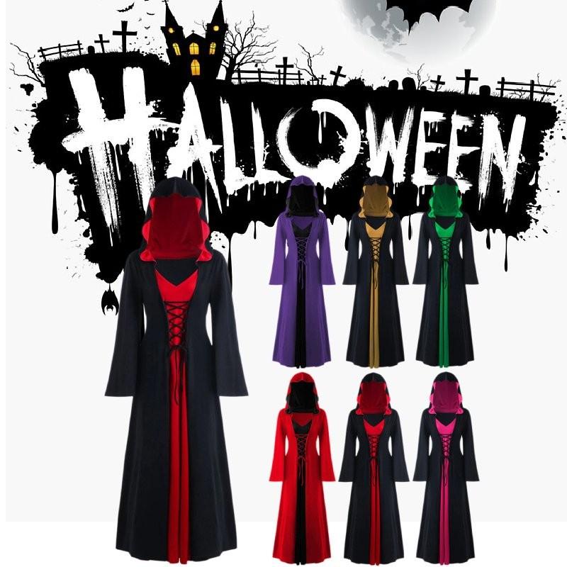 Lady Witch Halloween Hooded Loose Skirt V Neck Long Sleeves Costume Performance