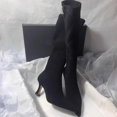 Temperament Spitzschuh Kniehoher Stiefel Sexy Oberschenkelhohe Stiefel Damen Moderne Schuhe Seitlicher Reißverschluss Wildleder Elastisch Hohe Absätze Zapatos