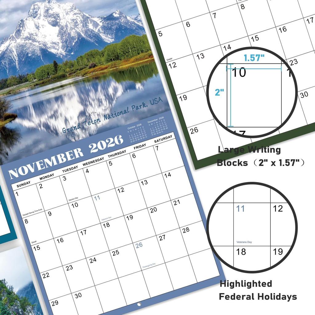 2026 Calendar - JAN 2026 - DEC 2026, 2026 Wall Calendar, 18 Monthly Calendar 2026, 12" x 24" (Open), Wall Calendar 2026 with Unruled Blocks(1.5" x