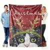 Merry Christmas Cat with Reindeer Antlers Pattern Fleece Blanket, Festive Winter Holiday Throw Blanket, Soft Cozy for Couch Bed