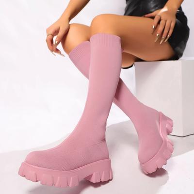 Scarpe da Donna Suola Spessa Stivali Lunghi Lavorati a Maglia Moda Donna Scarpe Calzino Elastiche Stivali Punta Rotonda Stivali Sopra il Ginocchio Botas De Mujer 2024