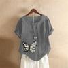 Summer Oversized Cotton and Linen Short-sleeved T-shirt, Cotton and Linen Butterfly Flower Printed Oversized Women's Clothing