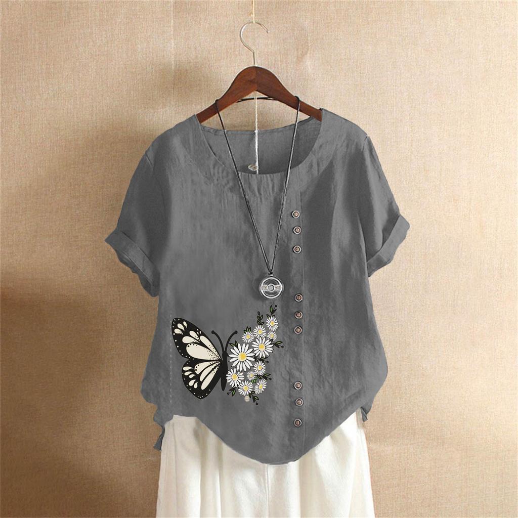 Summer Oversized Cotton and Linen Short-sleeved T-shirt, Cotton and Linen Butterfly Flower Printed Oversized Women's Clothing
