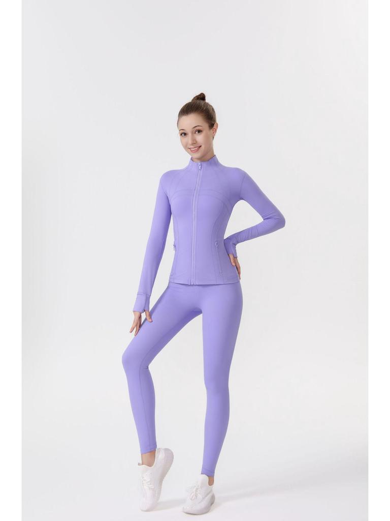 Lulu Original Yoga Anzug: Schnelltrocknendes Set mit Stehkragenjacke & Elastischer Neun-Punkt-Hose, Goldener Reißverschluss.