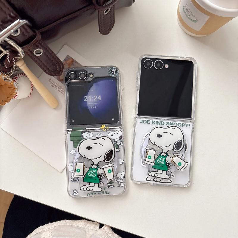 Hot Cute coffee Snoopy Fold Magsafe Wireless Charge Phone Case For Samsung ZFlip 3 4 5 6 7 Cartoon Snoopy Magnetic Holder Cover