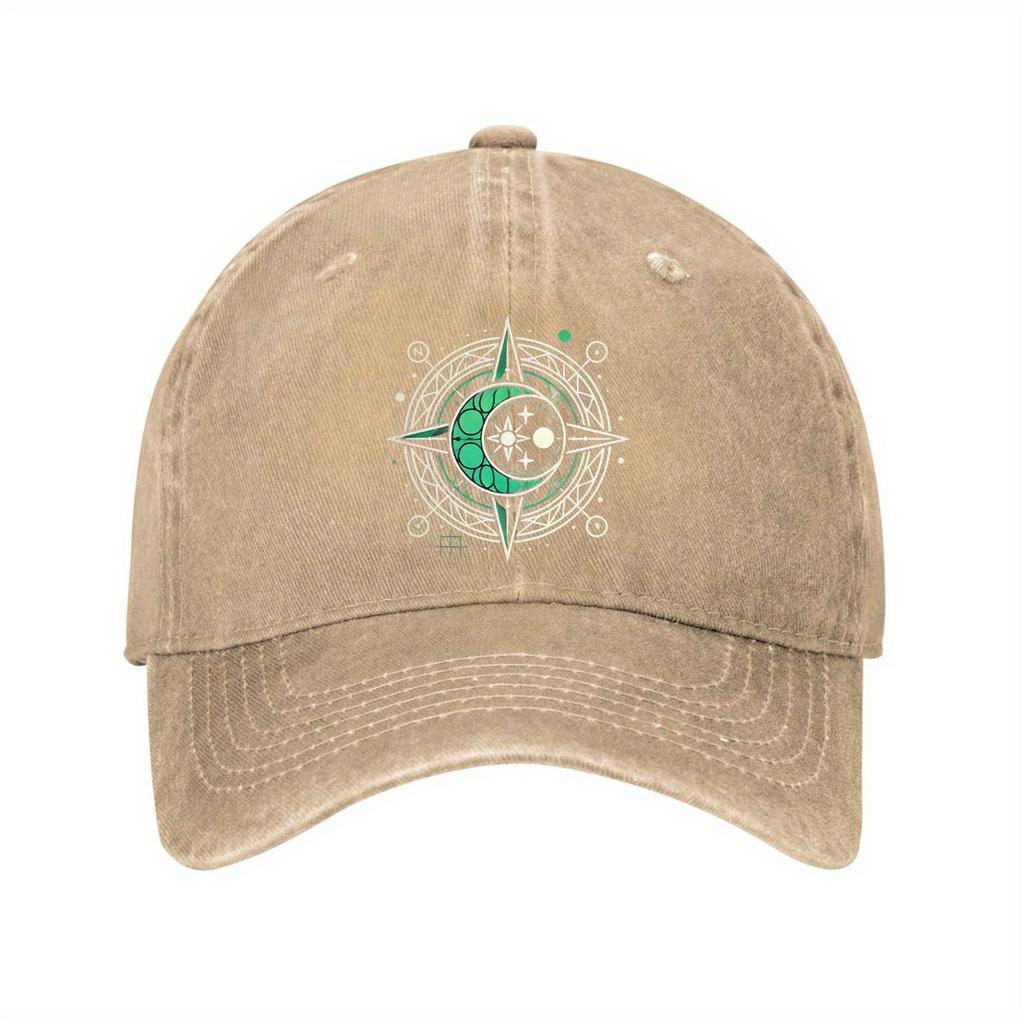 Celestial Compass Moon Stars Print Baseball Cap Distressed Denim Adjustable Unisex Outdoor Casual Hat