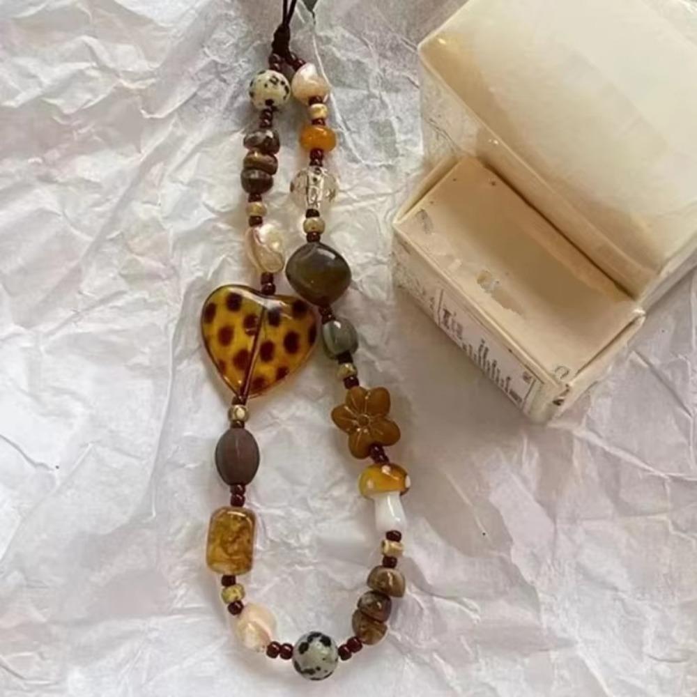 Retro Phone Chain Rope Leopard Heart Beaded Bracelet Keychain Y2K Hanging Cord  For Girl Woman