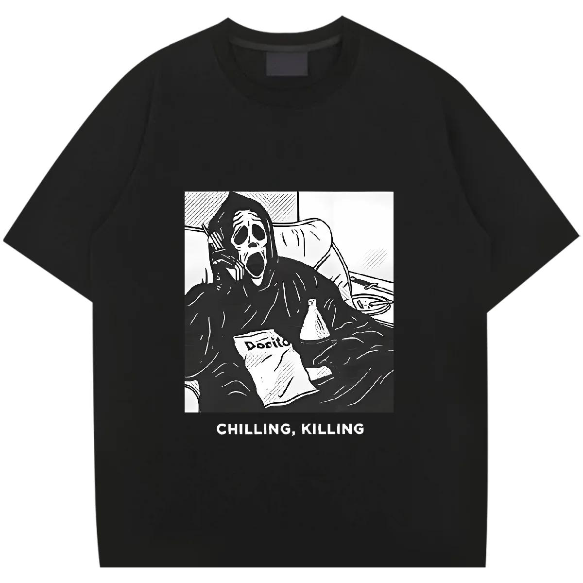 

Grim Reaper Skull Prints Men s Cotton Tee Clothing Creativity All-match Short Sleeve Fashion Casual Loose Tops Men T-Shirt XXXXXL чёрный