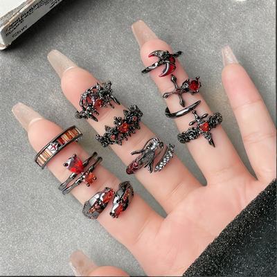Punk Retro Dark Style Personality Red Diamond Open Ring Spice Girl Stacked Wearing Niche Design Light Luxury High-End Accessories