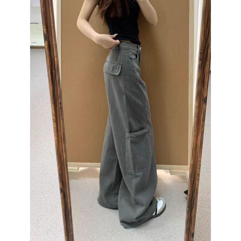 American Style Cement Gray High Waist Wide Leg Denim Jeans for Women - Plus Size Slimming Loose Fit (Autumn 2025)